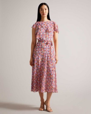 White Ted Baker Priiyah Midaxi Belted Tea Dresses With Ruffles | US0000085