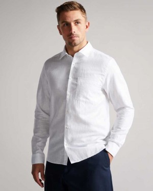 White Ted Baker Remark Long Sleeve Linen Shirt | US0000602