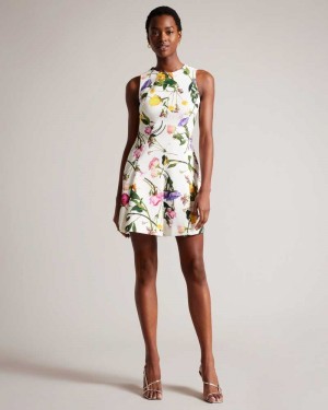 White Ted Baker Ruxane Printed Neoprene Skater Dresses | US0000111