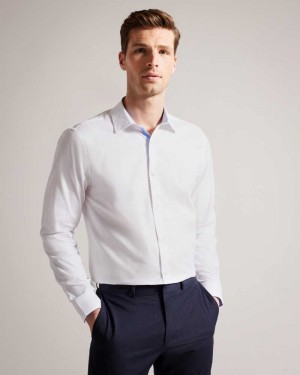 White Ted Baker Sempls Textured Long Sleeve Cotton Shirt | US0000638