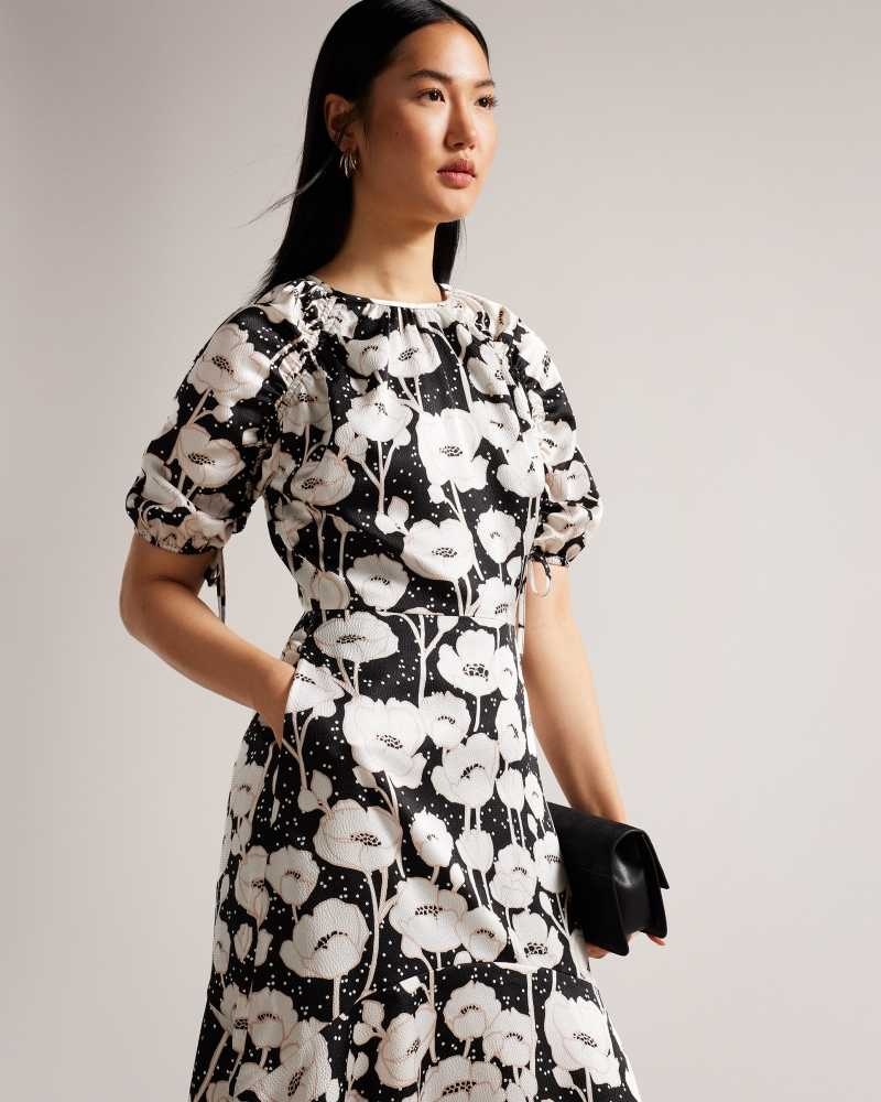 Black Ted Baker Abriee Puff Sleeve Midi Dresses | US0000031