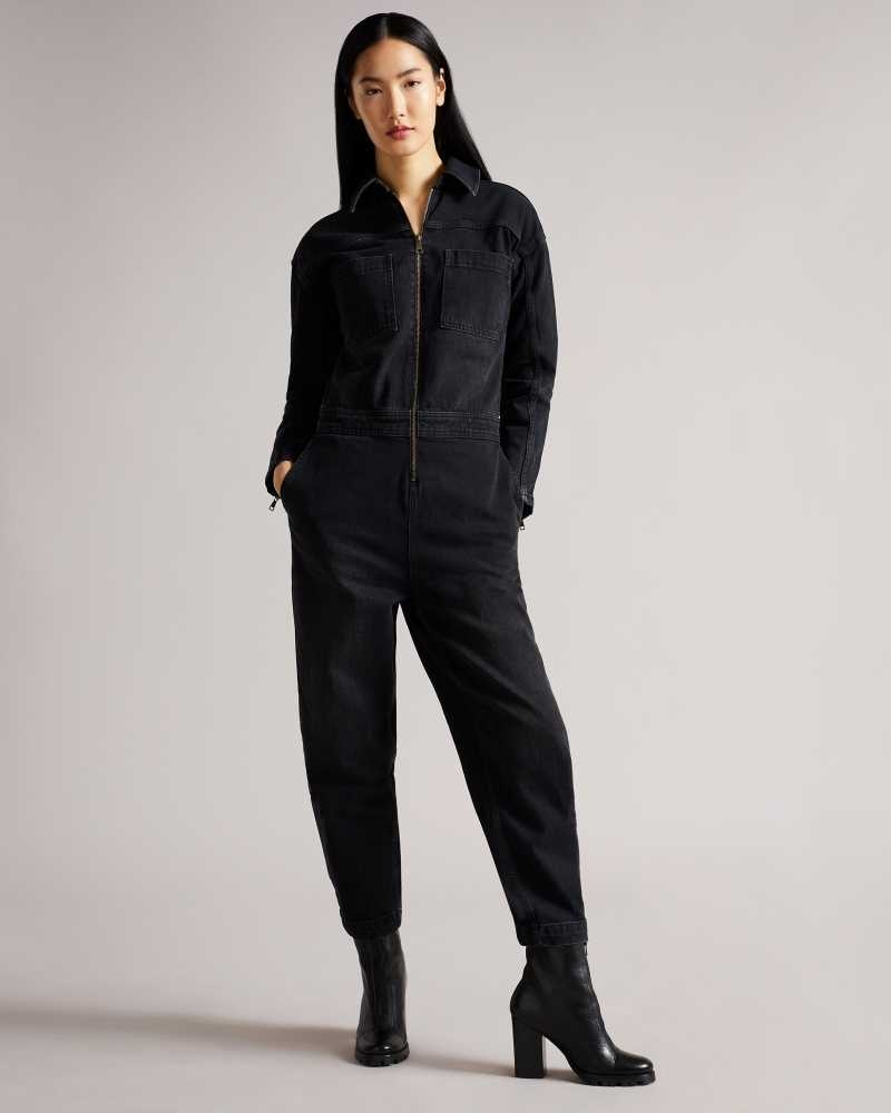 Black Ted Baker Aleyah Denim Zip Front Jumpsuit | US0001124