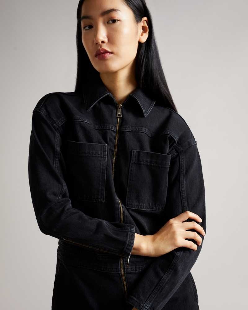 Black Ted Baker Aleyah Denim Zip Front Jumpsuit | US0001124