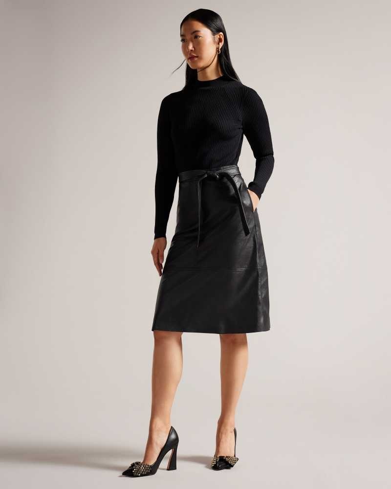 Black Ted Baker Alltaa Knit Bodice Midi Dresses With Faux Leather Skirt | US0000119