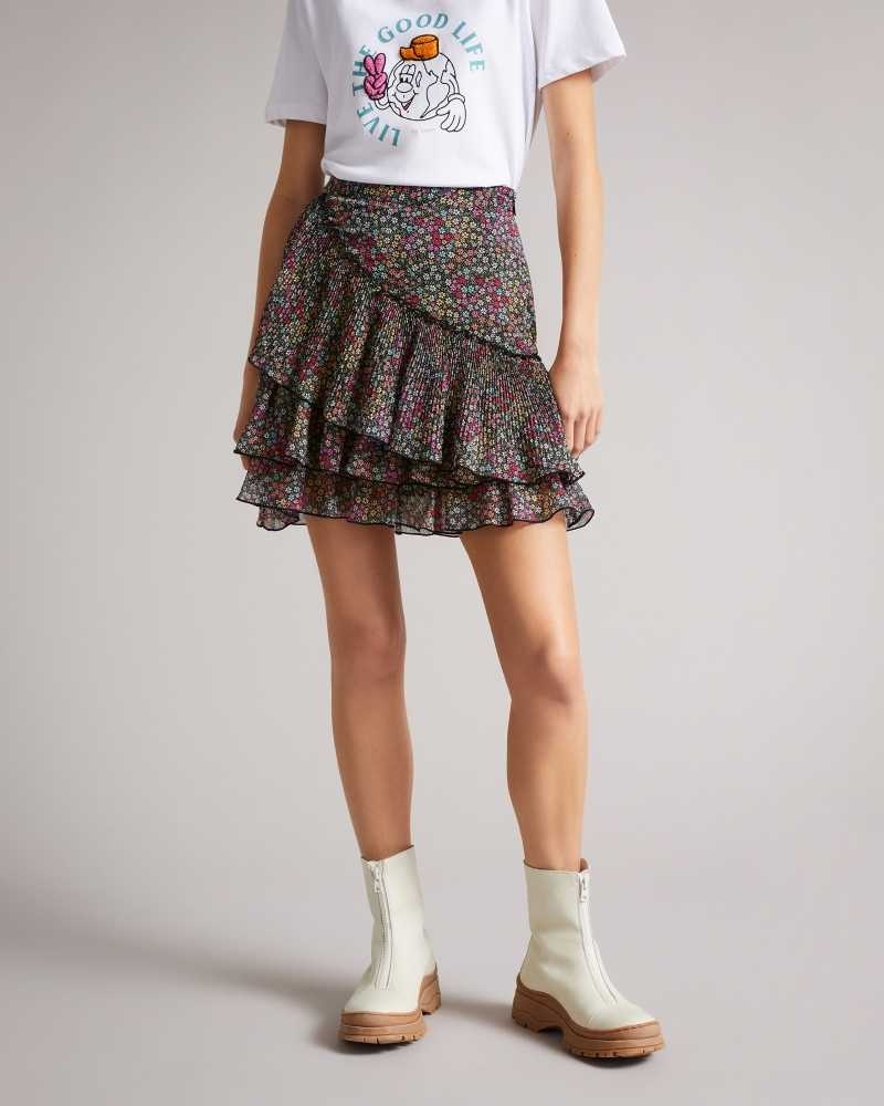 Black Ted Baker Aneka Tiered floral mini skirt | US0000707