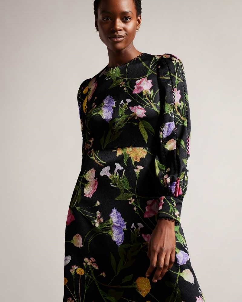 Black Ted Baker Arianya Blouson Sleeve Floral Midi Dresses | US0000071