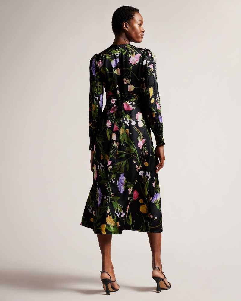 Black Ted Baker Arianya Blouson Sleeve Floral Midi Dresses | US0000071