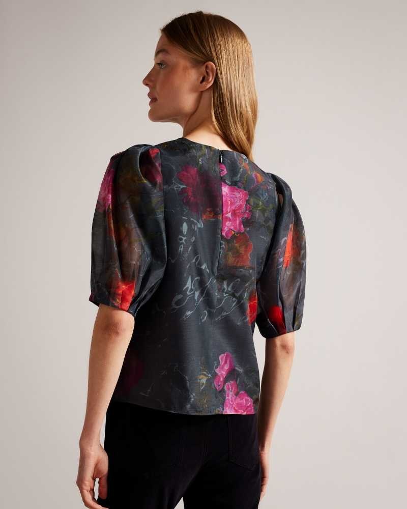 Black Ted Baker Ayymee Boxy Cropped Top with Puff Sleeve | US0000977