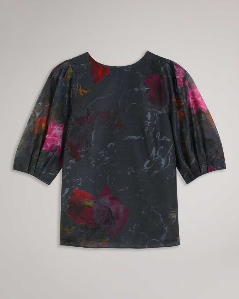 Black Ted Baker Ayymee Boxy Cropped Top with Puff Sleeve | US0000977