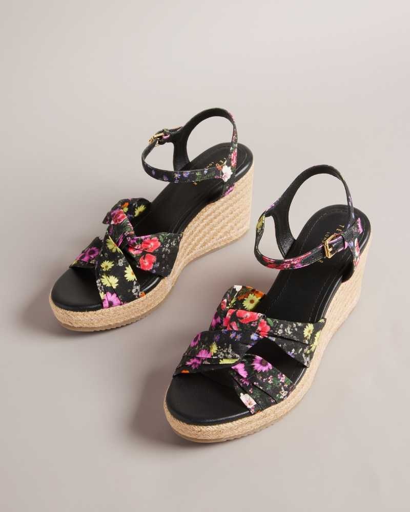 Black Ted Baker Cardima Floral Soft Knot Espadrille Wedges | US0002204