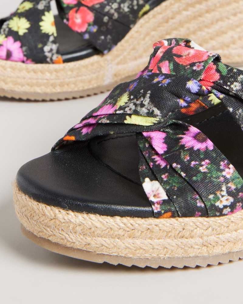 Black Ted Baker Cardima Floral Soft Knot Espadrille Wedges | US0002204