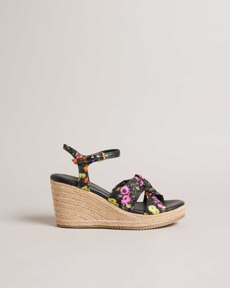 Black Ted Baker Cardima Floral Soft Knot Espadrille Wedges | US0002204