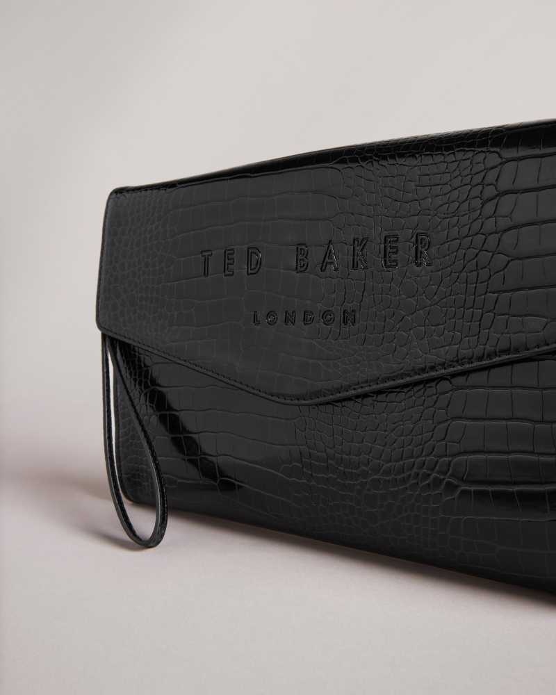 Black Ted Baker Crocey Croc Detail Debossed Envelope Pouch | US0001265