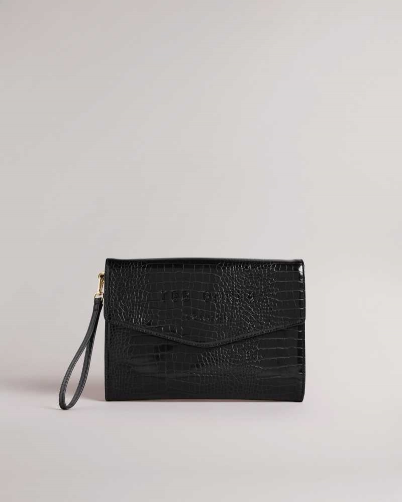 Black Ted Baker Crocey Croc Detail Debossed Envelope Pouch | US0001265