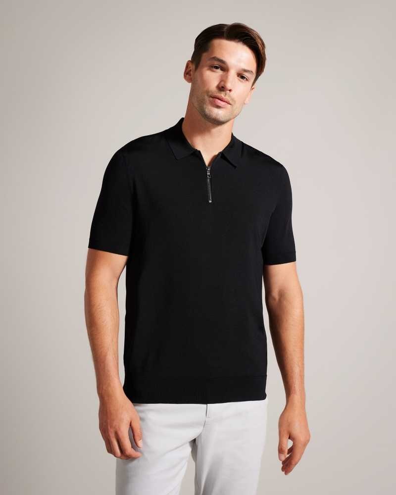 Black Ted Baker Daldin Short Sleeve Rayon Zip Polo Shirt | US0000539