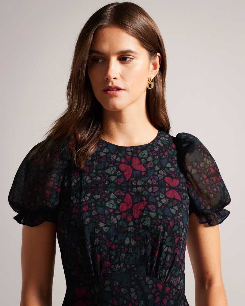 Black Ted Baker Daniaa Butterfly Print A-line Midi Dresses | US0000017