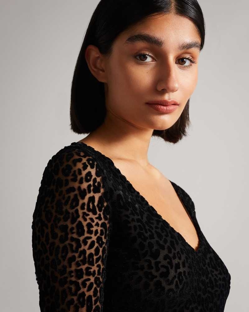 Black Ted Baker Darcina Mesh Leopard Print Bodysuit | US0000978