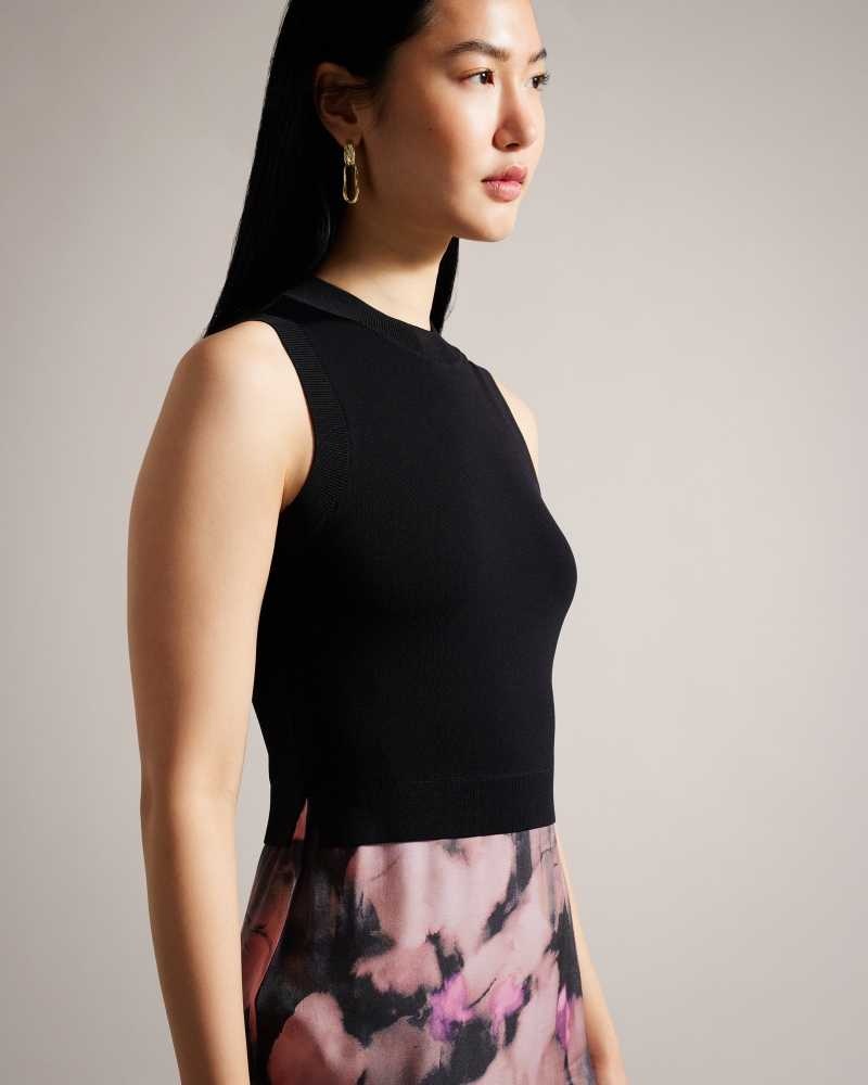 Black Ted Baker Elliha Sleeveless Mockable Dresses With Floral Slip Skirt | US0000128