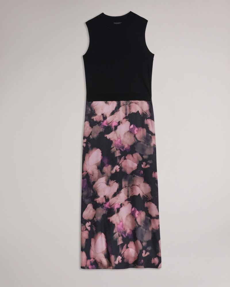 Black Ted Baker Elliha Sleeveless Mockable Dresses With Floral Slip Skirt | US0000128