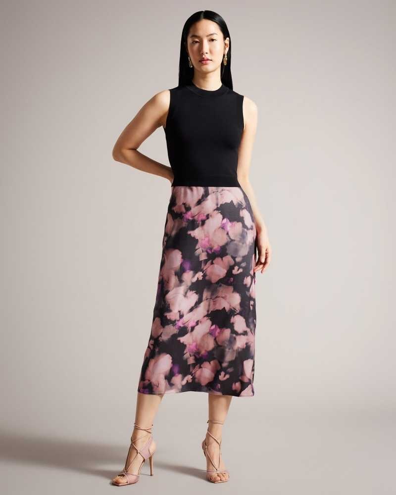 Black Ted Baker Elliha Sleeveless Mockable Dresses With Floral Slip Skirt | US0000128