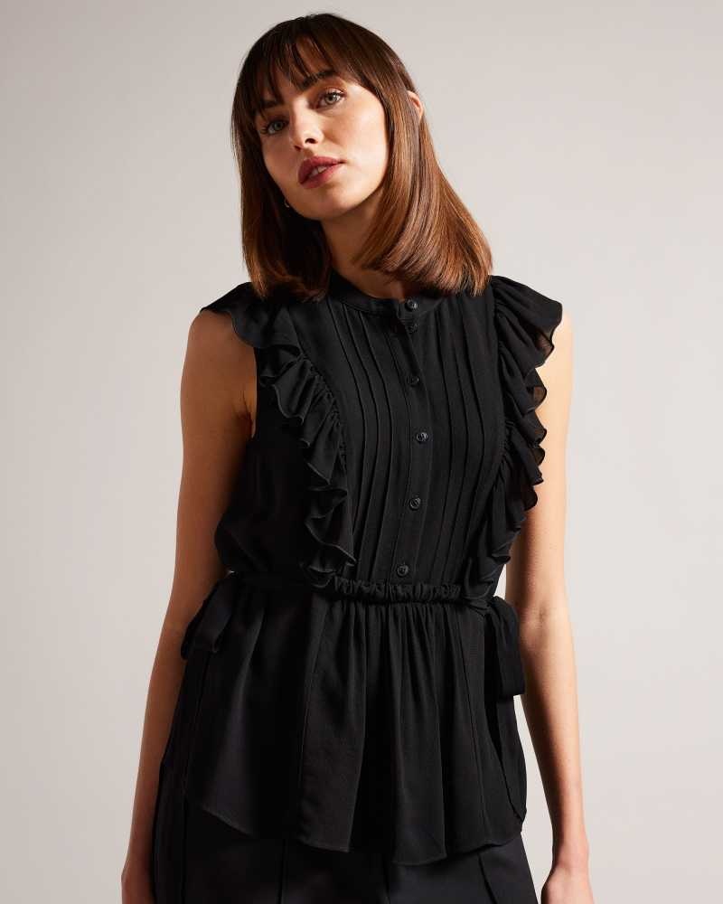 Black Ted Baker Evalie Sleeveless Frilled Top | US0000968