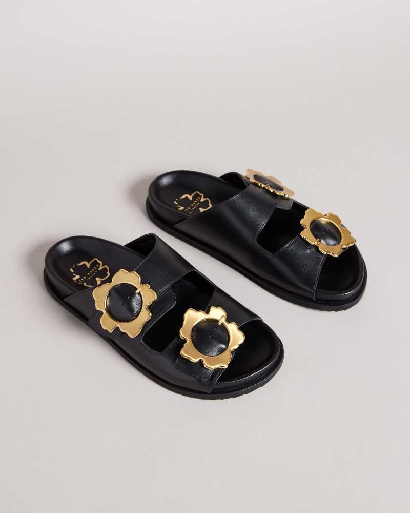 Black Ted Baker Flolah Magnolia Buckle Mule Sliders | US0002162