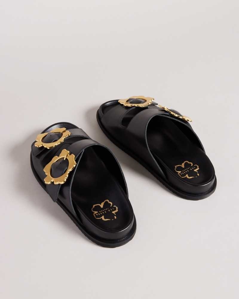 Black Ted Baker Flolah Magnolia Buckle Mule Sliders | US0002162