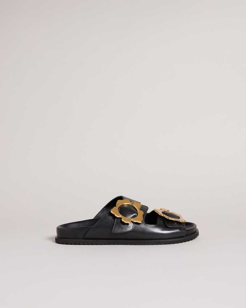 Black Ted Baker Flolah Magnolia Buckle Mule Sliders | US0002162