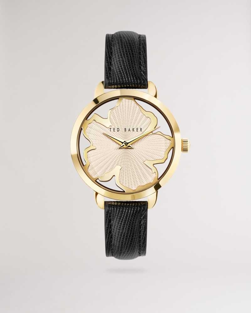 Black Ted Baker Galaten Magnolia Dial Leather Strap Watch | US0002033