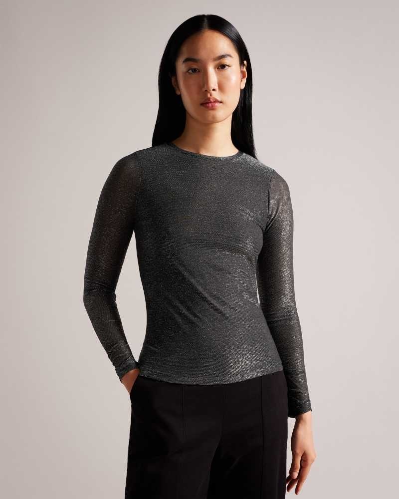 Black Ted Baker Genini Glitsy Long Sleeve Top | US0000927