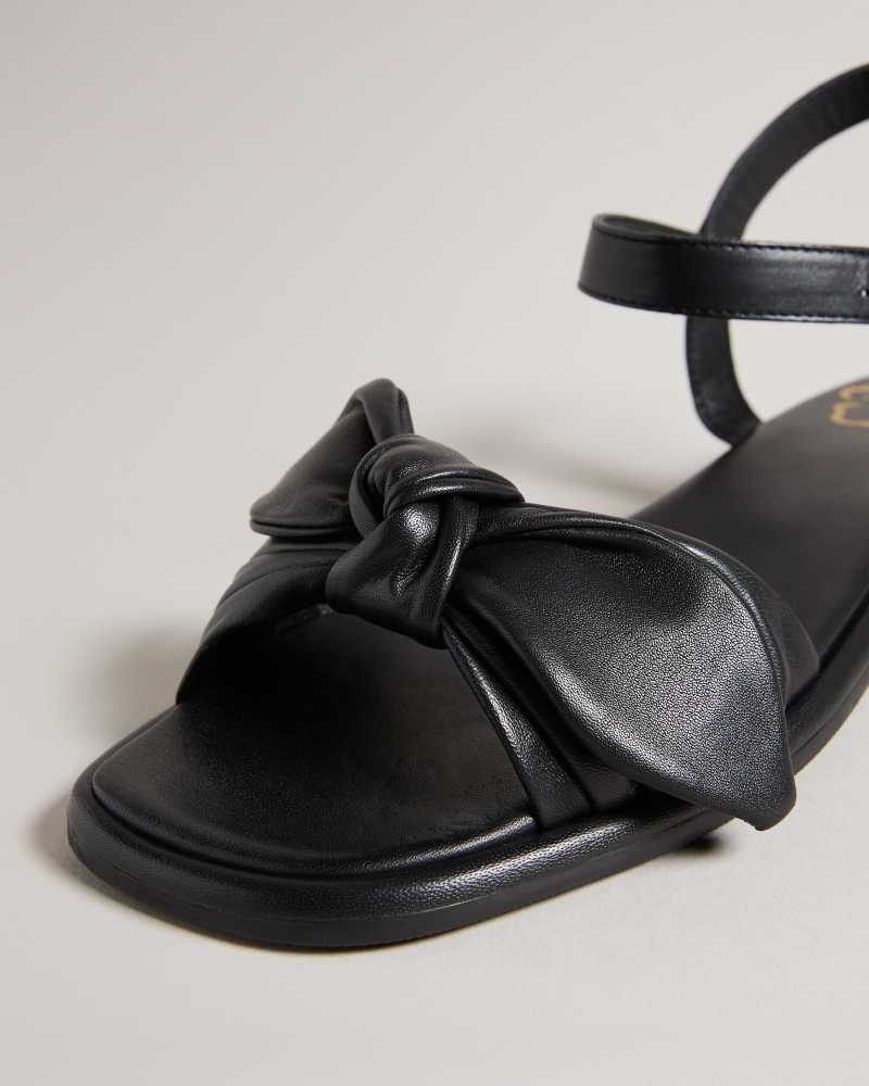 Black Ted Baker Halah Leather Bow Flat Sandal | US0002140