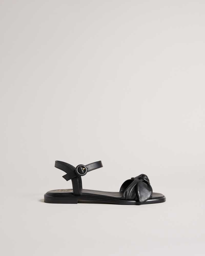 Black Ted Baker Halah Leather Bow Flat Sandal | US0002140