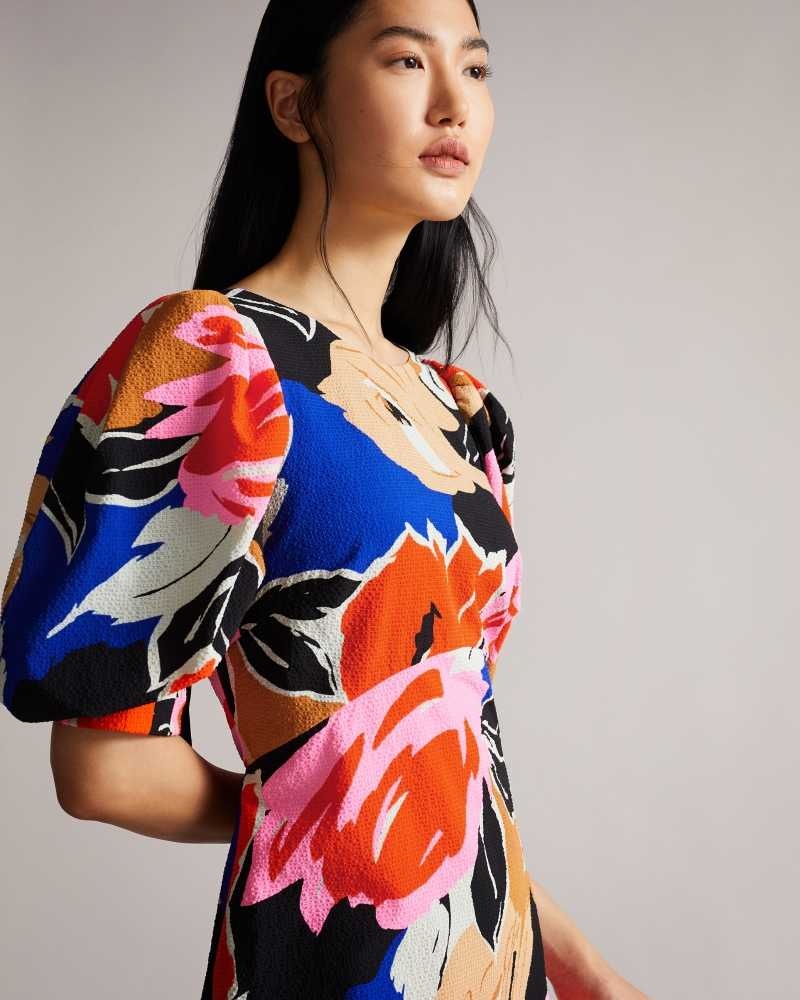 Black Ted Baker Harpia Floral Print Midi Dresses | US0000007