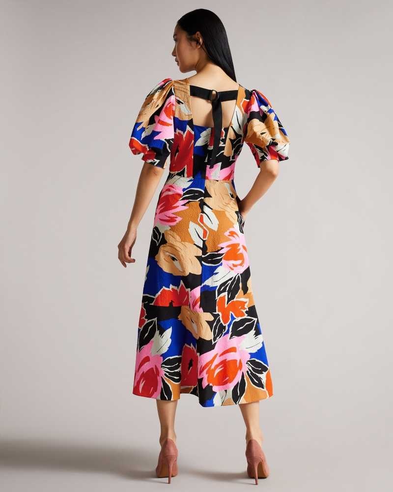 Black Ted Baker Harpia Floral Print Midi Dresses | US0000007