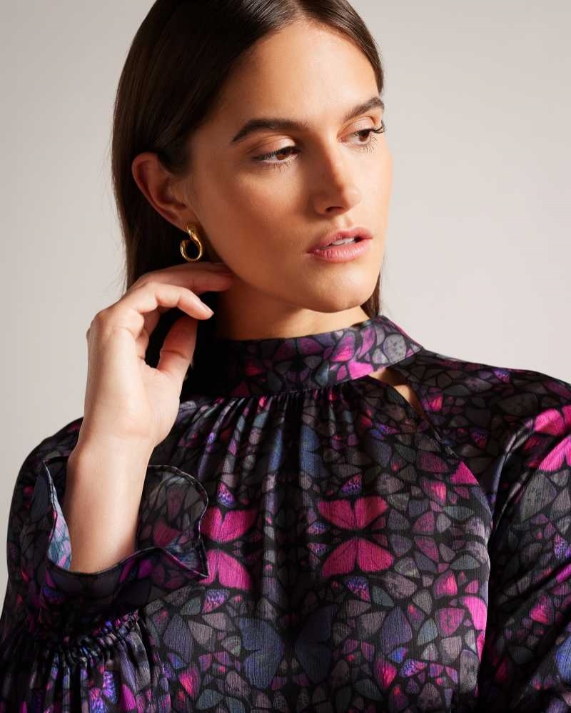 Black Ted Baker Heiydii High Neck Satin Butterfly Print Blouse Blouse | US0001069