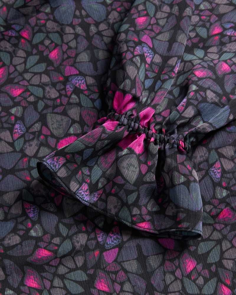 Black Ted Baker Heiydii High Neck Satin Butterfly Print Blouse Blouse | US0001069