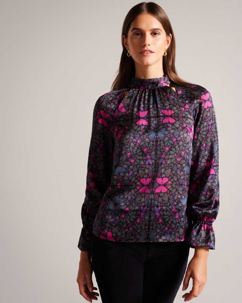 Black Ted Baker Heiydii High Neck Satin Butterfly Print Blouse Blouse | US0001069