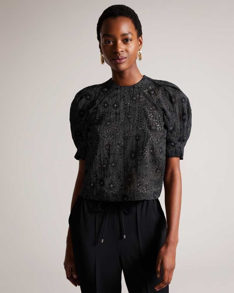 Black Ted Baker Ingriid Boxy Puffed Sleeve Top | US0000958