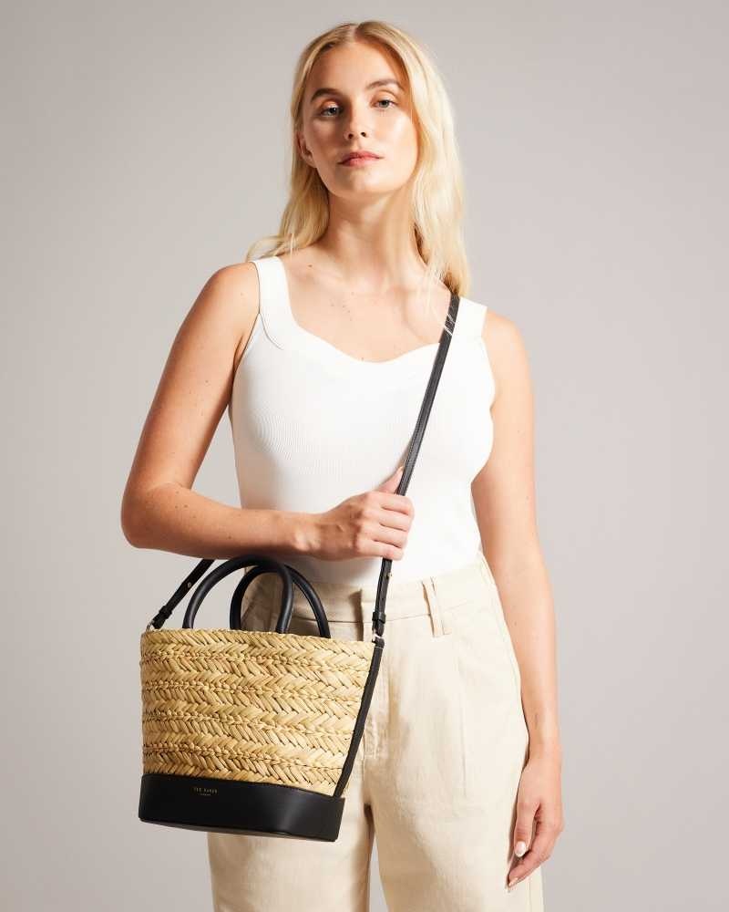 Black Ted Baker Ivelie Medium Raffia Basket Weave Tote Bag | US0001360