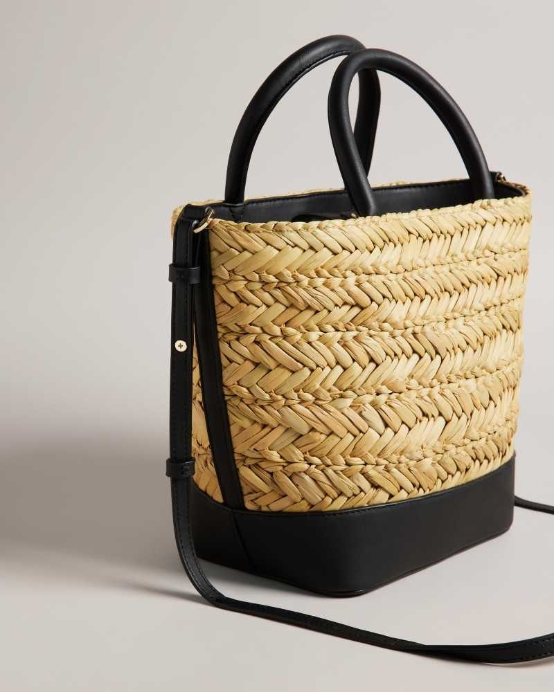 Black Ted Baker Ivelie Medium Raffia Basket Weave Tote Bag | US0001360