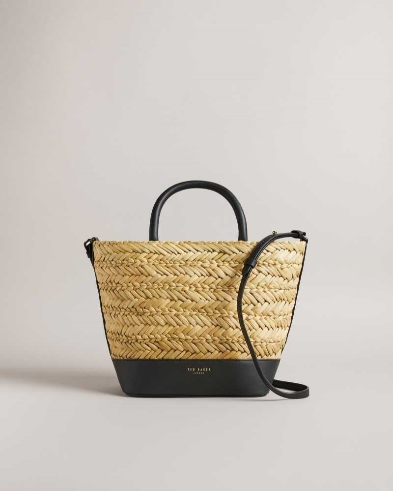 Black Ted Baker Ivelie Medium Raffia Basket Weave Tote Bag | US0001360