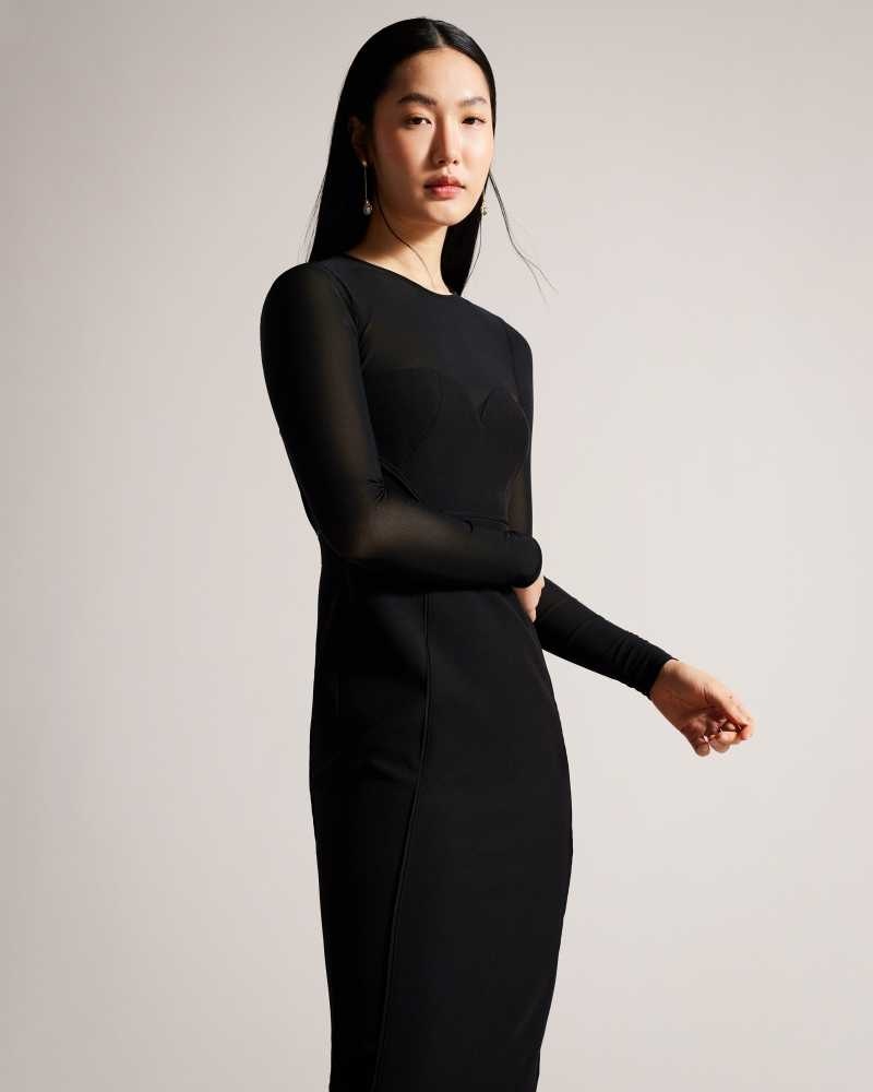 Black Ted Baker Ivylou Bodycon Midi Dresses With Sheer Sleeves | US0000173