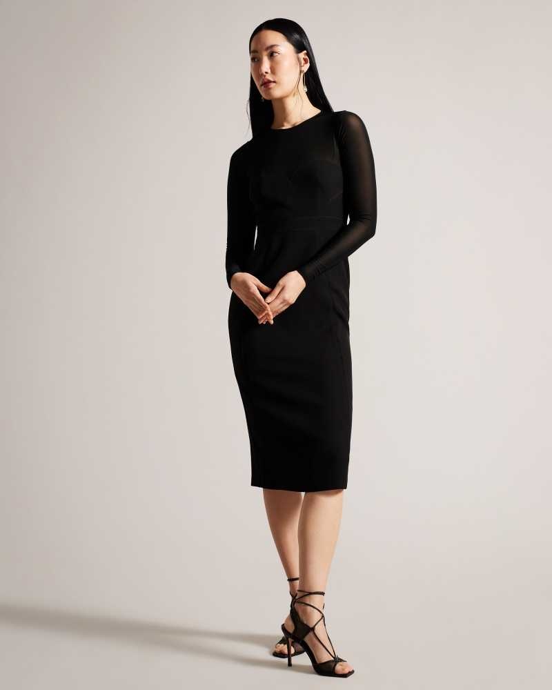 Black Ted Baker Ivylou Bodycon Midi Dresses With Sheer Sleeves | US0000173