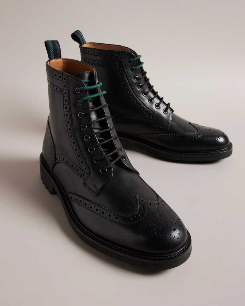 Black Ted Baker Jakobe Brogue Detail Leather Lace Up Boots | US0002073