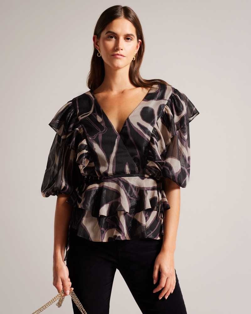 Black Ted Baker Jasmyna Ruffle V-Neck Top With Tie Waist | US0000933