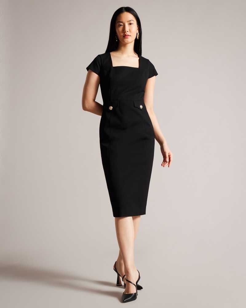 Black Ted Baker Josiaad Square Neck Military Midi Dresses | US0000046