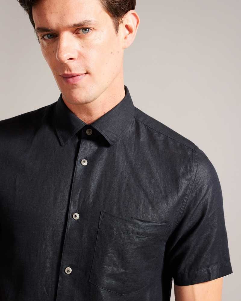 Black Ted Baker Kingfrd Short Sleeve Linen Shirt | US0000591