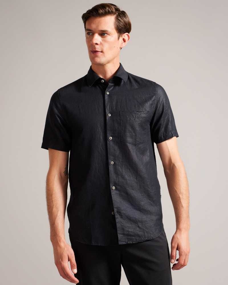 Black Ted Baker Kingfrd Short Sleeve Linen Shirt | US0000591