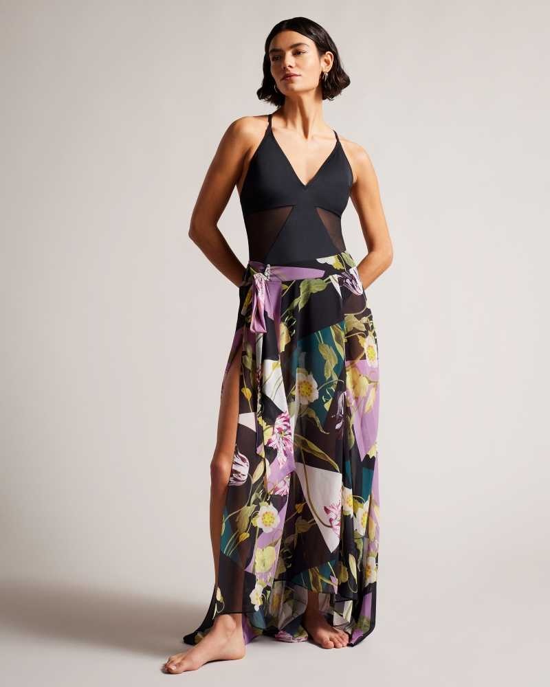 Black Ted Baker Leighen Floral Maxi Skirt Cover Up | US0000826