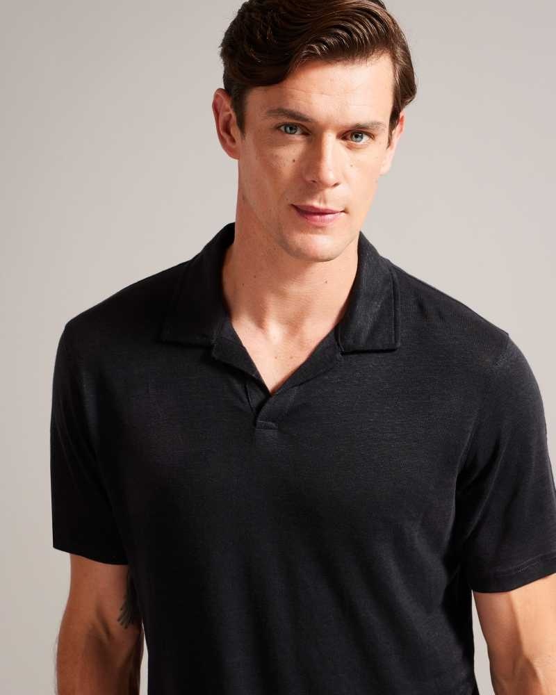 Black Ted Baker Lingpo Short Sleeve Linen Open Neck Polo Shirt | US0000541